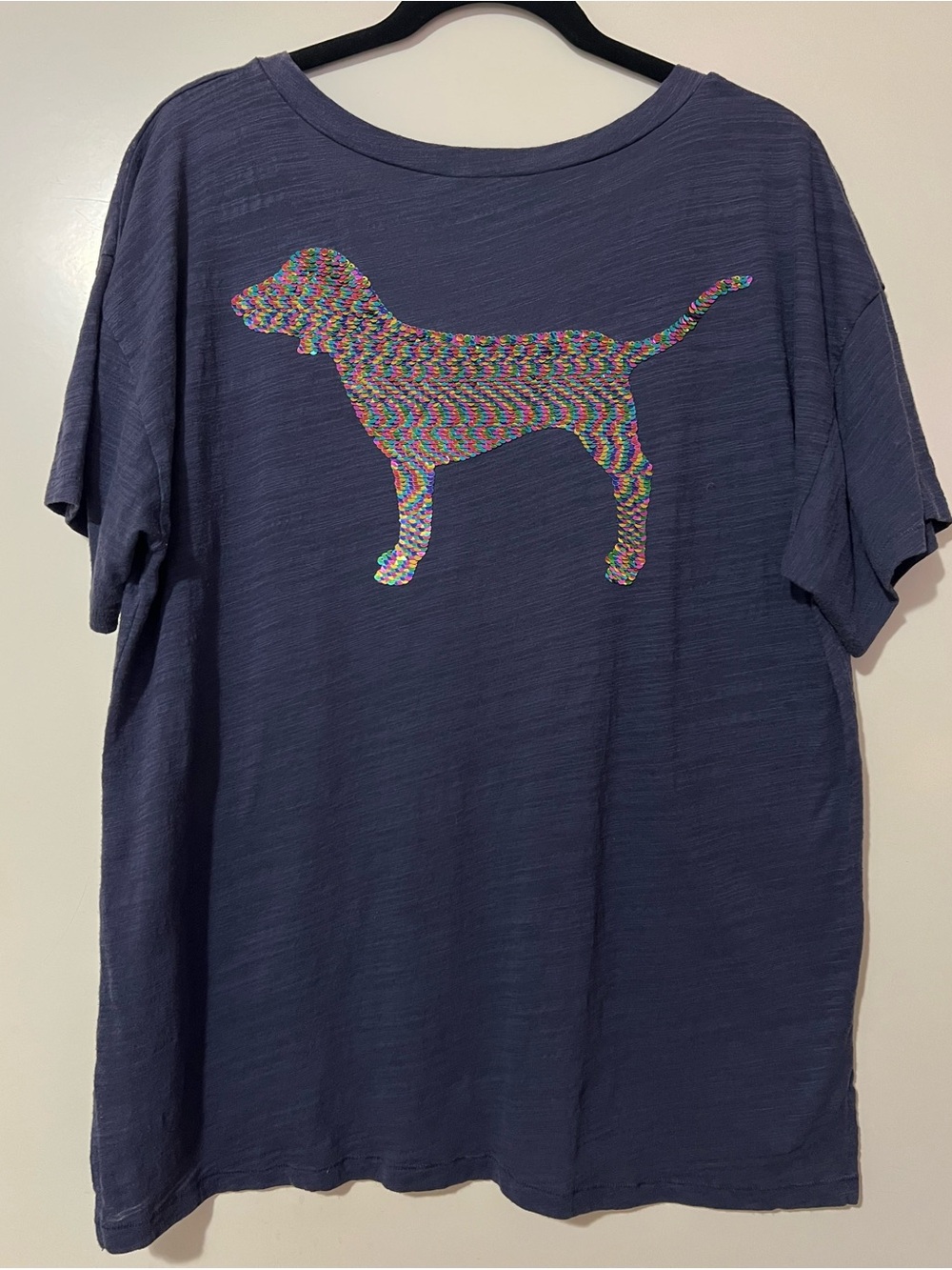 PINK Victoria's Secret Sparkly Navy V-Neck Short Sleeve Tee Sequins Dog